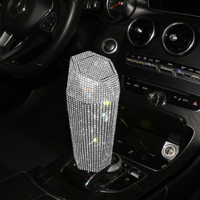New Bling Diamond-Shaped Car Trash Can with Lid - Mini Garbage Storage Box - Delicate Leather