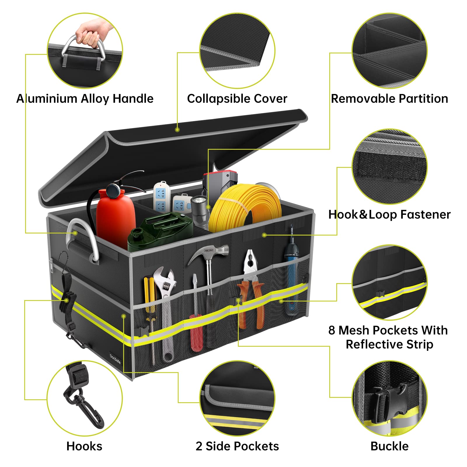 Trunk Car Boot Organiser with Lid - Collapsible Waterproof Non-Slip Foldable Car Box Bag with Handles and Reflective Strips - Delicate Leather
