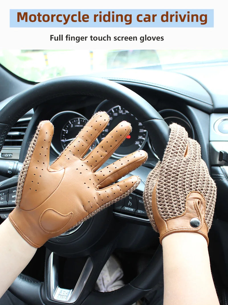 Women's Sheepskin Leather Gloves - Touch Screen, Thin, Unlined, Knitted Design for Spring and Autumn - Delicate Leather