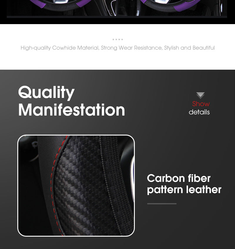 Car Steering Wheel Cover - Breathable Anti-Slip PU Leather Carbon Fiber Steering Cover - Delicate Leather