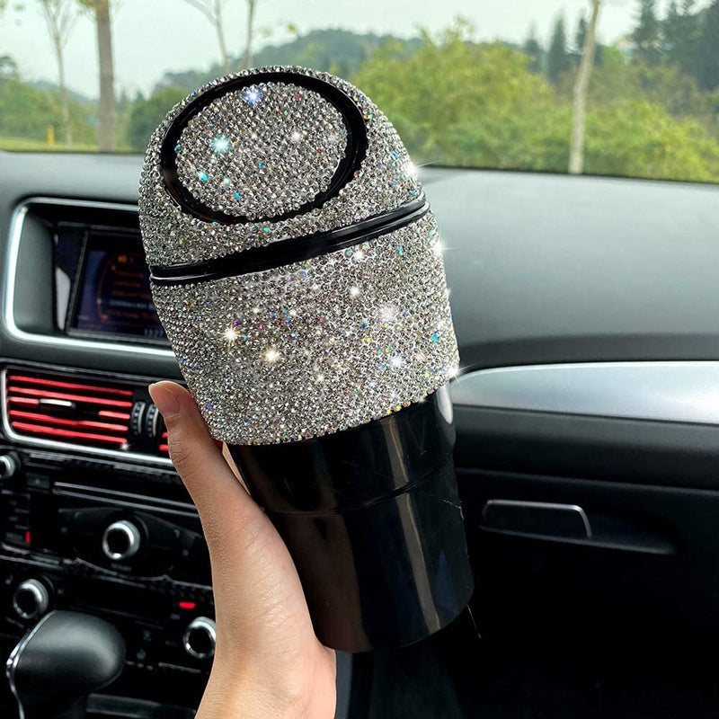 Bling Rhinestone Auto Garbage Can - Car Trash Can with Lid, Car Accessories - Delicate Leather