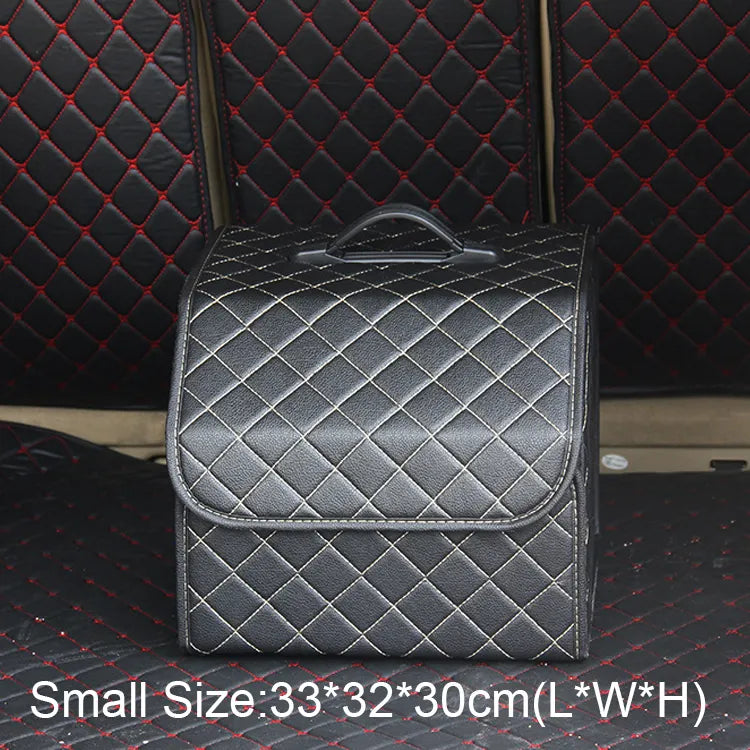 Collapsible Car Storage Organizer with Lid - PU Leather Trunk Storage Box for Auto Cargo - Delicate Leather