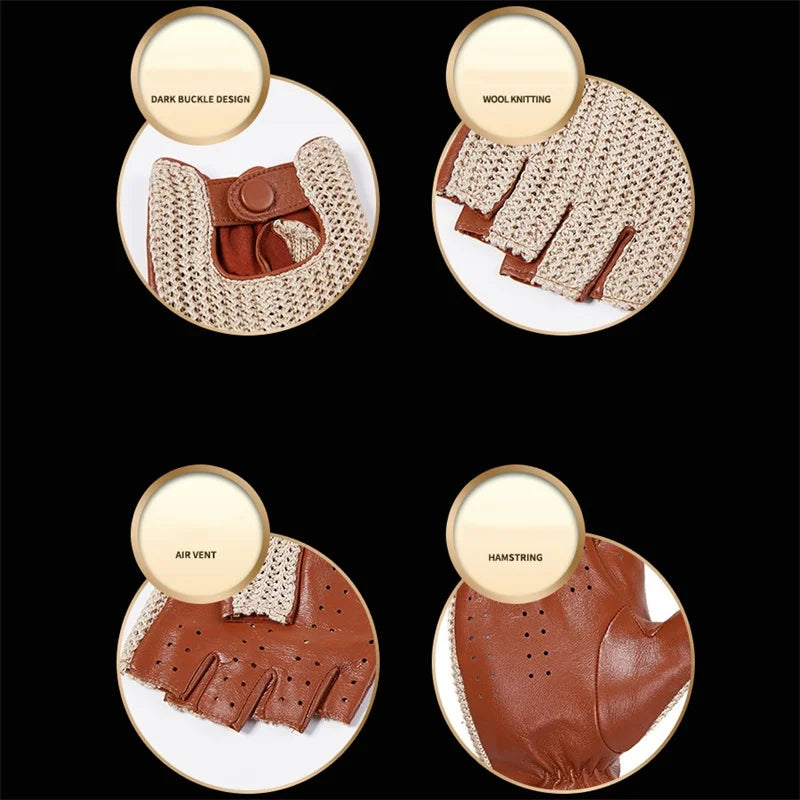 Autumn Winter Men's Wool Knitted Goatskin Touch Screen Locomotive Mittens - Genuine Leather Motorcycle Driving - Delicate Leather