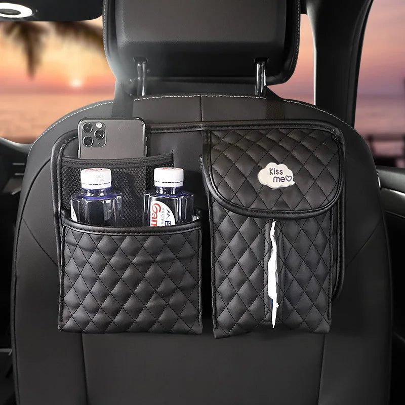 Cute Cartoon Car Paper Tissue Holder - Diamond Crown Auto Backseat Organizer - Delicate Leather
