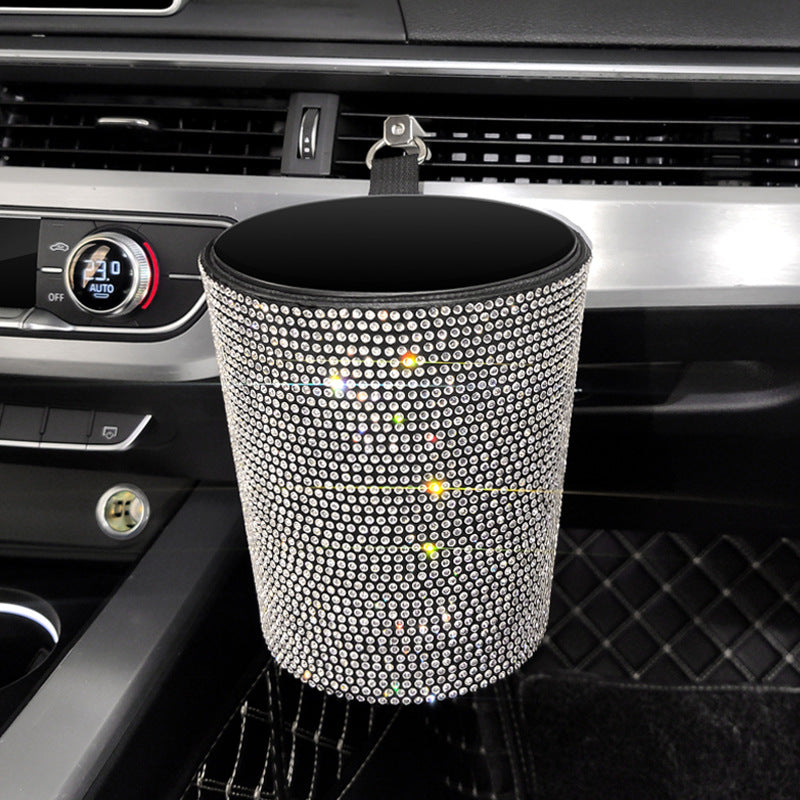 Rhinestone Car Trash Bin - Mini Auto Outlet Air Vent Organizer Rubbish Bag Crystal Garbage Container Storage Box, Car Accessories - Delicate Leather