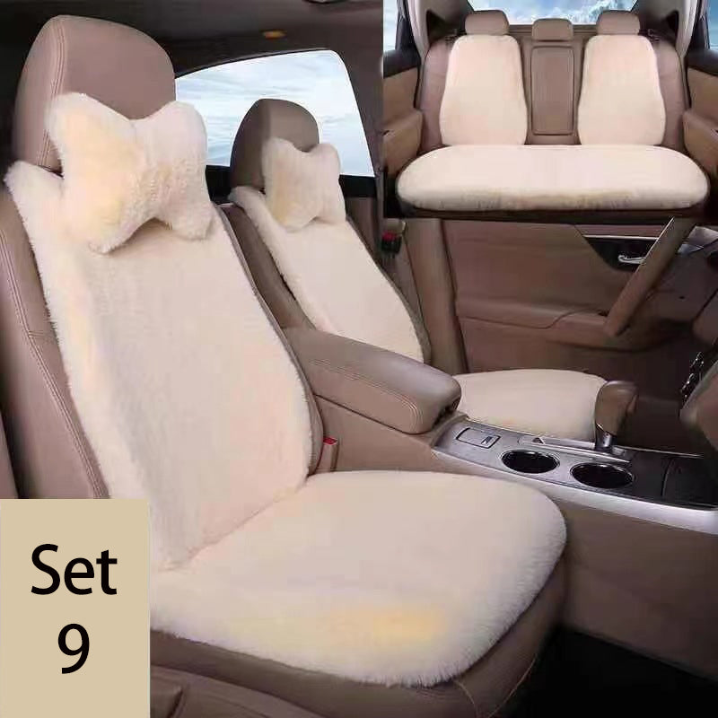 Luxury 9-Piece Set Fur Car Seat Cover Cushion with Neck Pillow for Winter - Delicate Leather