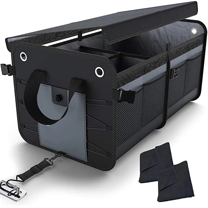 Black Dandelion Collapsible Car Truck Organizer Featuring 8 Mesh Pockets, Multiple Compartments, and a Convenient Strap Handle - Delicate Leather