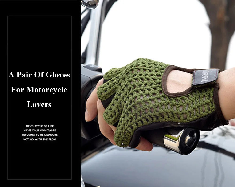 Leather Mesh Fingerless Gloves - Motocross, Fishnet, Car Driving, Tactical, Motorcycle Accessories, Work, Cycling Men's Gloves - Delicate Leather