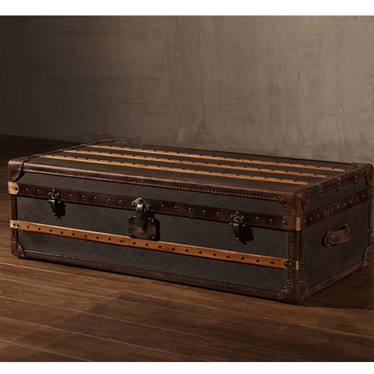 American Retro Industrial Steamer Chest Trunk with Vintage Leather Line - Delicate Leather