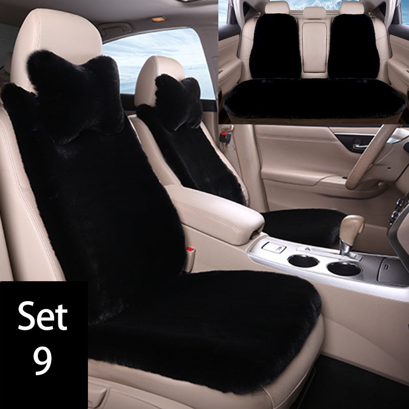 Luxury 9-Piece Set Fur Car Seat Cover Cushion with Neck Pillow for Winter - Delicate Leather