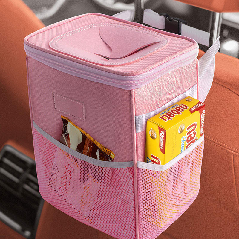 Car Trash Bag with Storage Pockets - Waterproof Garbage Bag with Lid and Storage Pockets - Delicate Leather