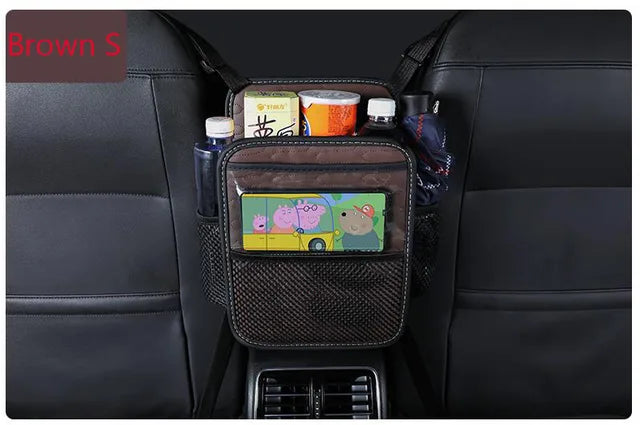 Car Leather Multi-Pocket Handbag Holder - Seat Storage Between Seat Organizer, Kid and Pet Barrier - Delicate Leather