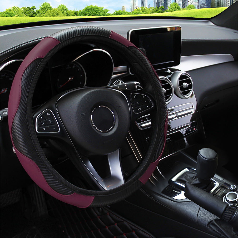 Car Steering Wheel Cover - Breathable Anti-Slip PU Leather Carbon Fiber Steering Cover - Delicate Leather