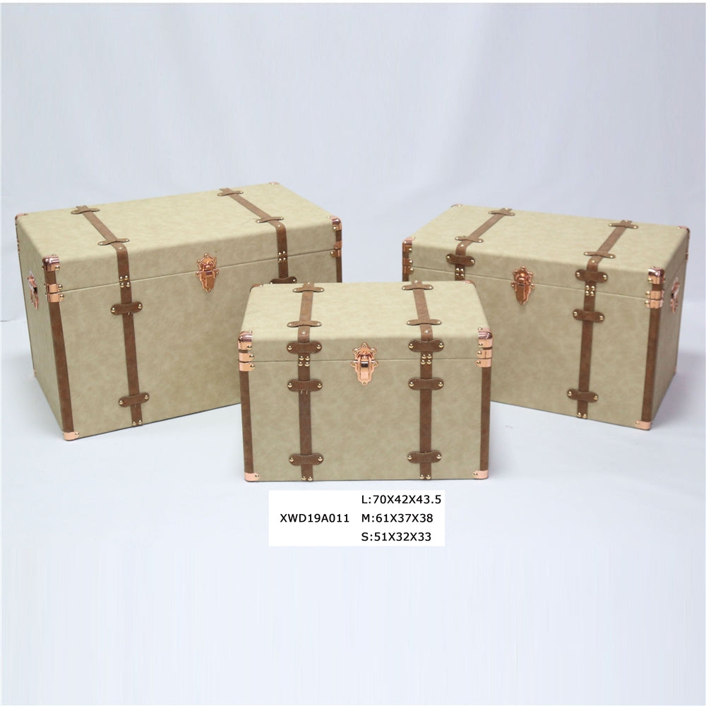 Small Vintage Leather Storage Drawer Trunk - Set Of 3 - Delicate Leather