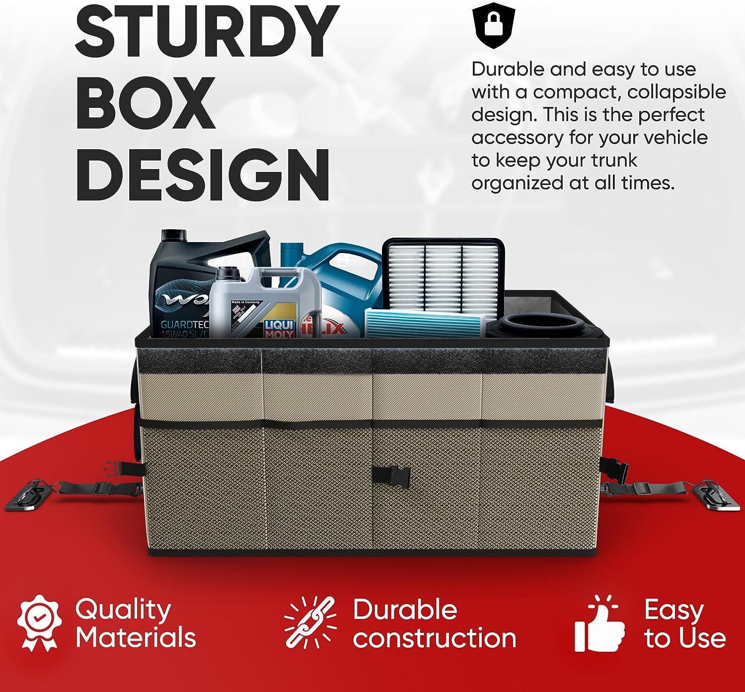 Non-Slip Bottom 600D Fabric Collapsible SUV Storage Box Organizer for Car Trunk - Delicate Leather
