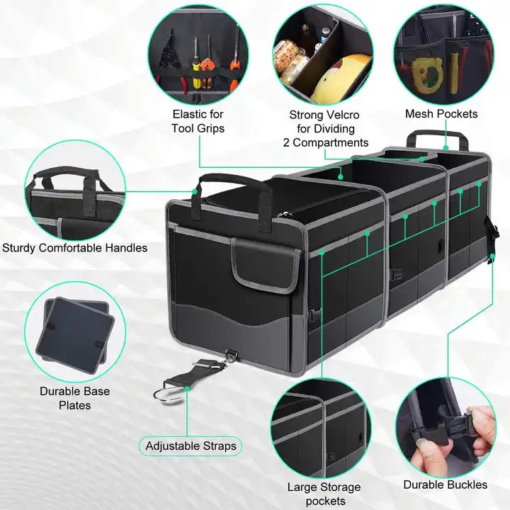 Collapsible Trunk Storage Organizer with Integrated Cooler, Spacious Multi-Compartment Design, and Waterproof Features for Cars - Delicate Leather