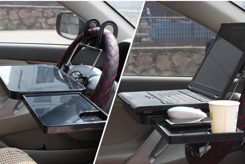 Foldable Car Computer Rack with Drawer Shelf - Steering Wheel and Seat Back Laptop Tray & Food Drink Holder Stand - Delicate Leather