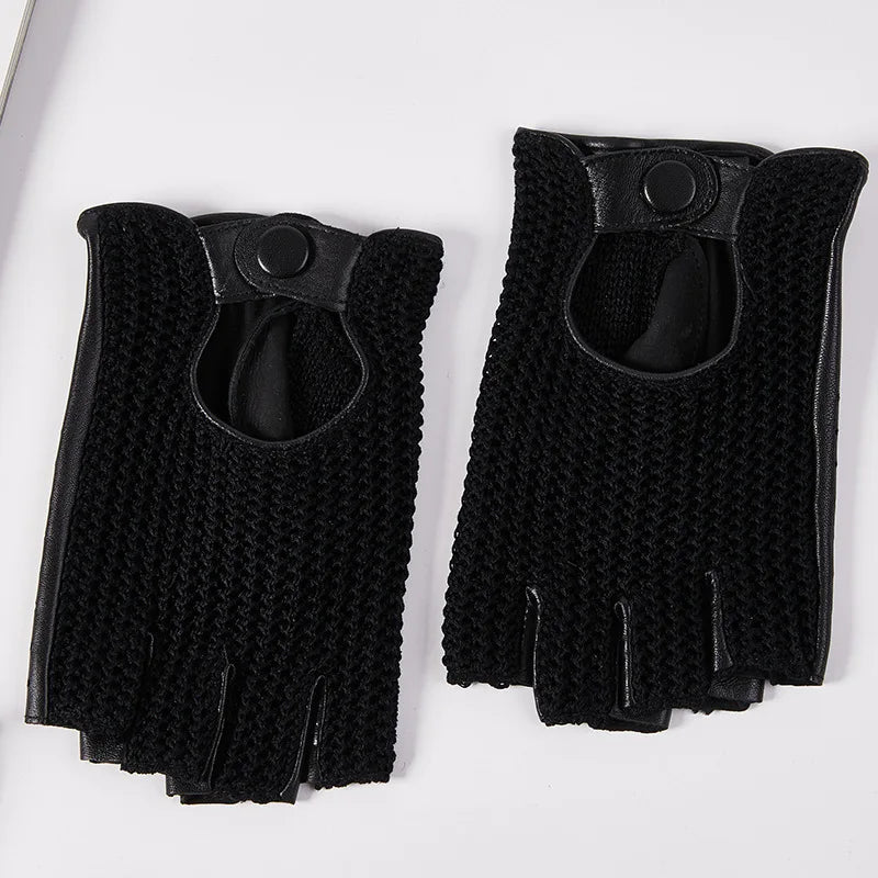 Autumn Winter Men's Wool Knitted Goatskin Touch Screen Locomotive Mittens - Genuine Leather Motorcycle Driving - Delicate Leather