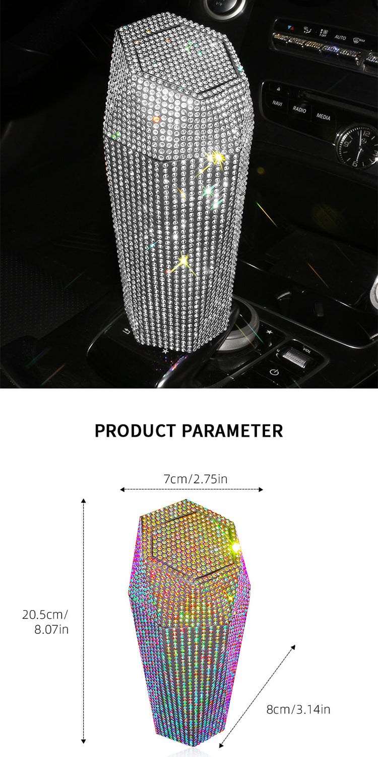 New Bling Diamond-Shaped Car Trash Can with Lid - Mini Garbage Storage Box - Delicate Leather