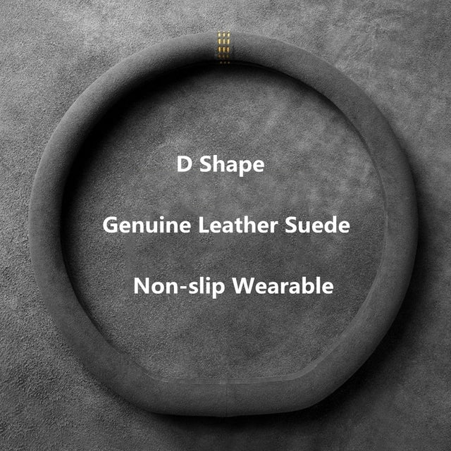 Cowhide Suede Steering Wheel Cover Wrap - Universal 37-38cm Breathable Steering Cover - Delicate Leather