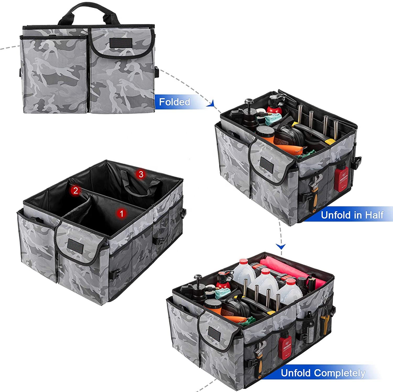 Detachable Car Trunk Organizer - 3 Compartment & Collapsible Design - Delicate Leather