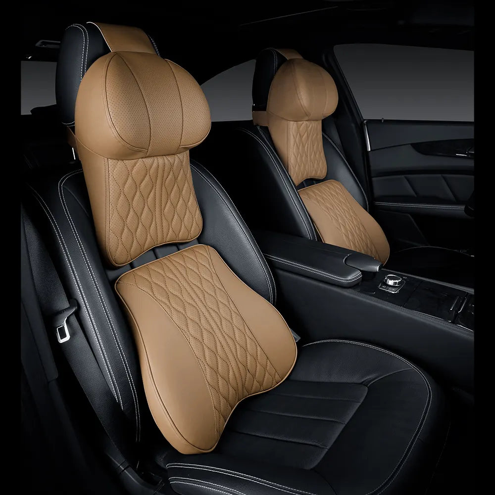 Delicate Leather PU Leather Memory Foam Set Car Neck Pillow and Lumbar Pillow Set for Enhanced Driving Comfort - Delicate Leather