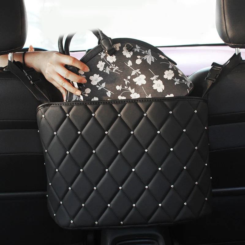 Crystal Rhinestone PU Leather Car Storage Bag Organizer - Delicate Leather