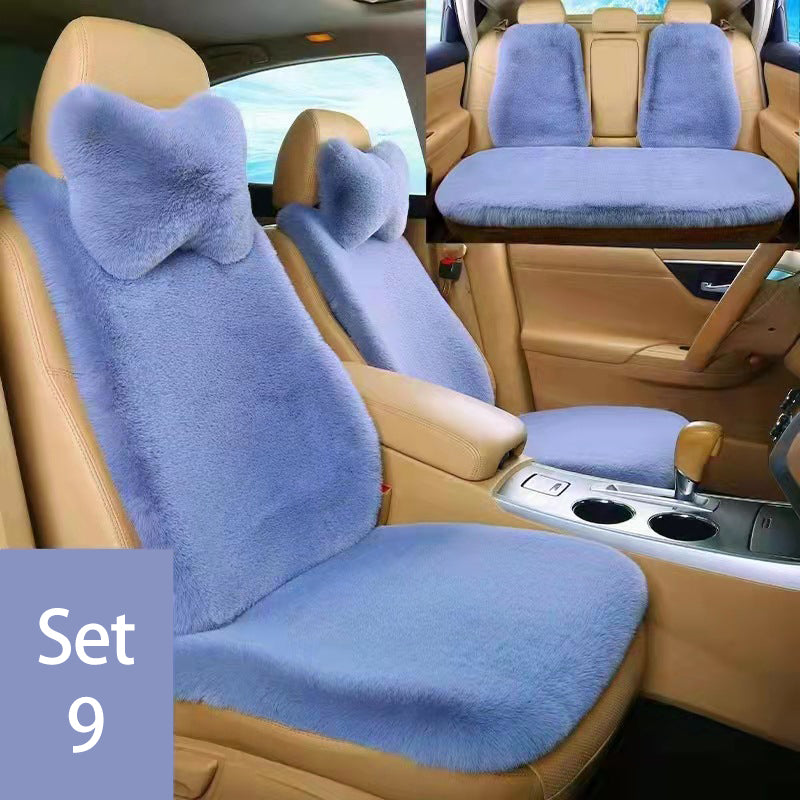 Luxury 9-Piece Set Fur Car Seat Cover Cushion with Neck Pillow for Winter - Delicate Leather