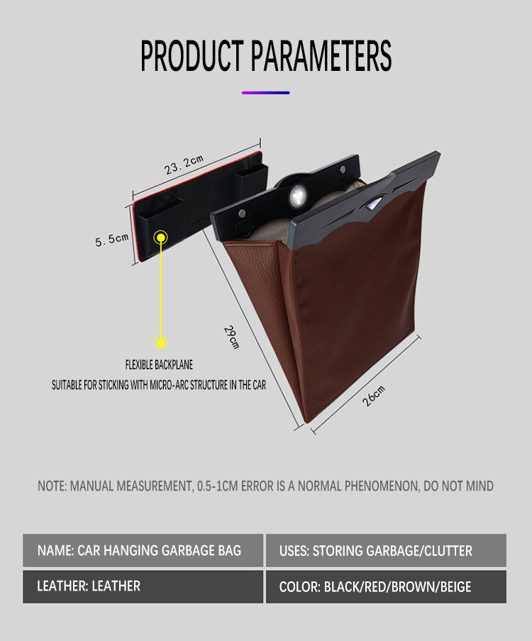 Universal Car Trash Can - Multi-Function with LED Light Mini Car Bin Organizer - Delicate Leather