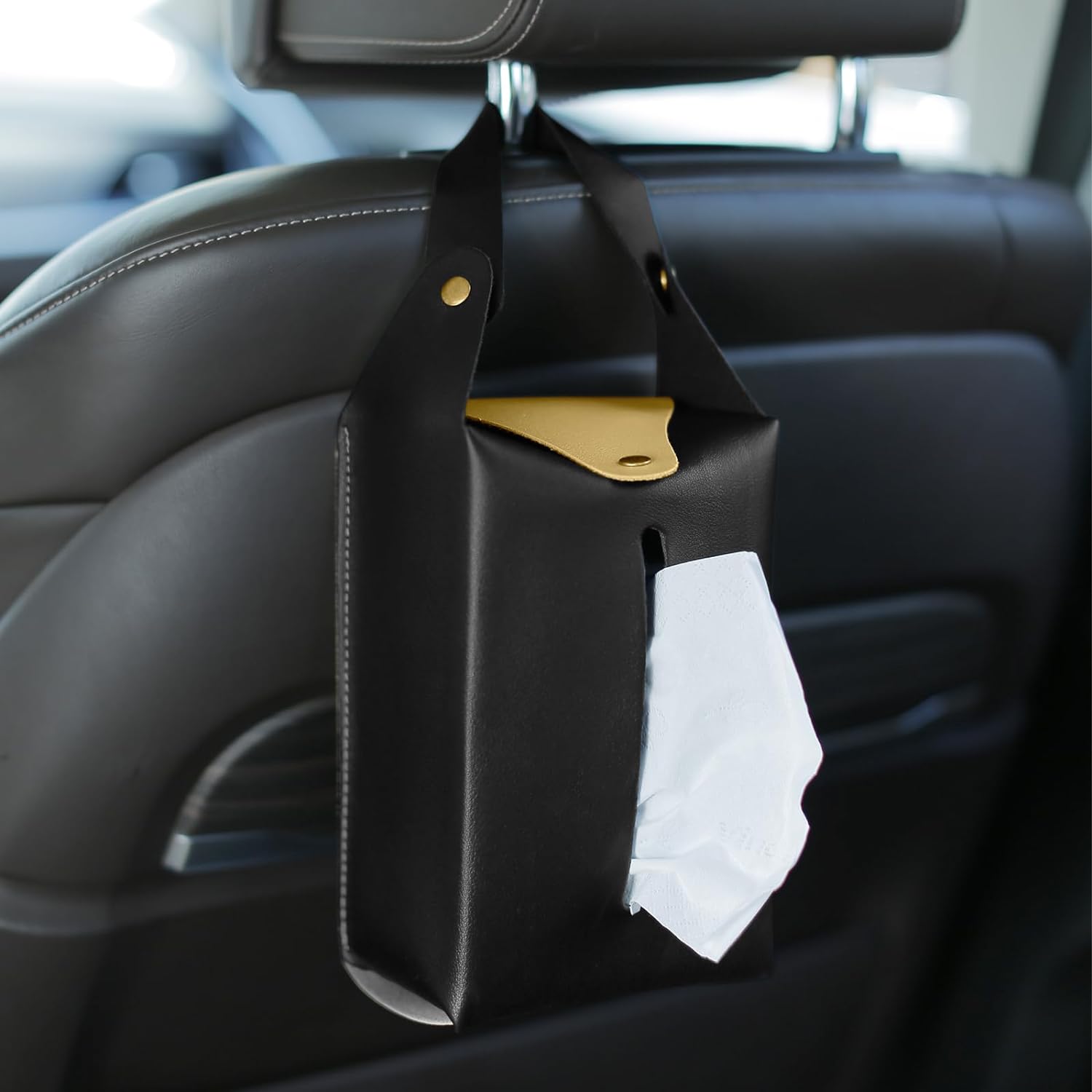 Foldable Design Waterproof Oxford Vehicle Headrest Hanging Storage Bag Car Trash Can with Leakproof PEVA Lining - Delicate Leather