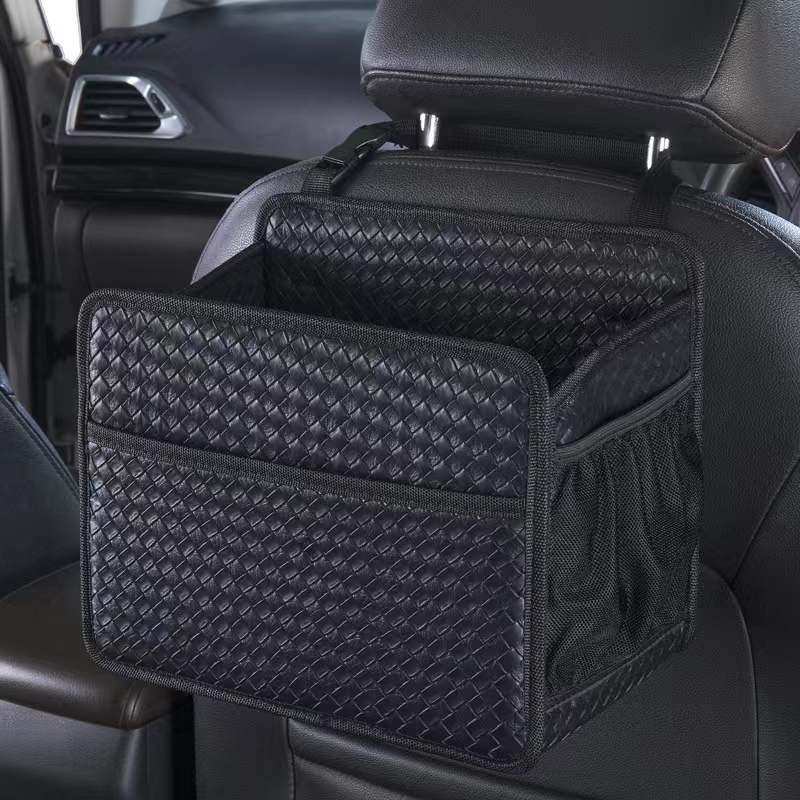 Large Capacity Foldable Car Storage Bag with Net Pocket - Seats Back Hanging Multifunctional Trash Can, Car Accessories - Delicate Leather