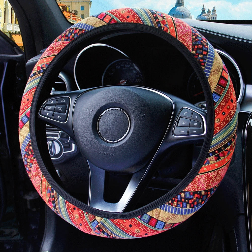 37-38cm Universal Elastic Car Steering Wheel Cover - Four Seasons Ethnic Style Car Interior Accessories