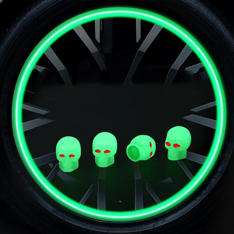 Fluorescent Skull Head Car Tire Valve Stem Caps - Glow in the Dark Universal ABS Material - Delicate Leather