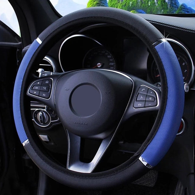 Universal Car Steering Wheel Cover - Metal Strip Anti-Slip Pattern Faux Leather - Delicate Leather