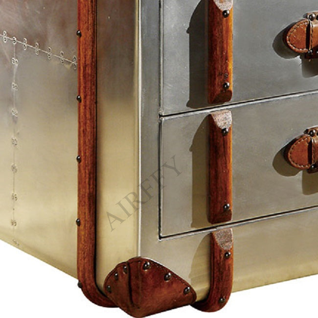 Vintage Drawers Detail Brown Canvas Aluminum Leather Bedside Table Nightstands