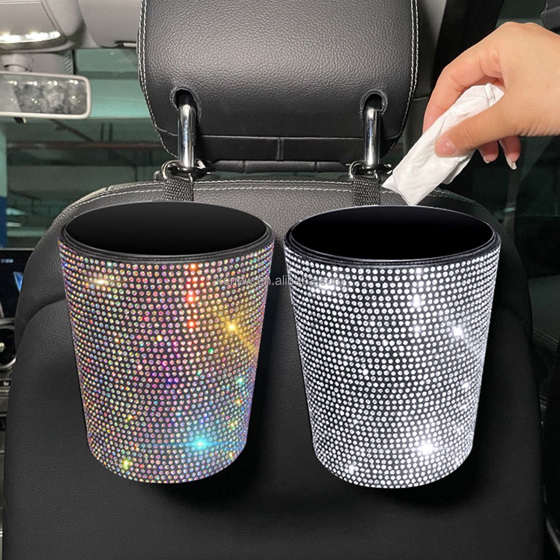 Rhinestone Car Trash Bin - Mini Auto Outlet Air Vent Organizer Rubbish Bag Crystal Garbage Container Storage Box, Car Accessories - Delicate Leather