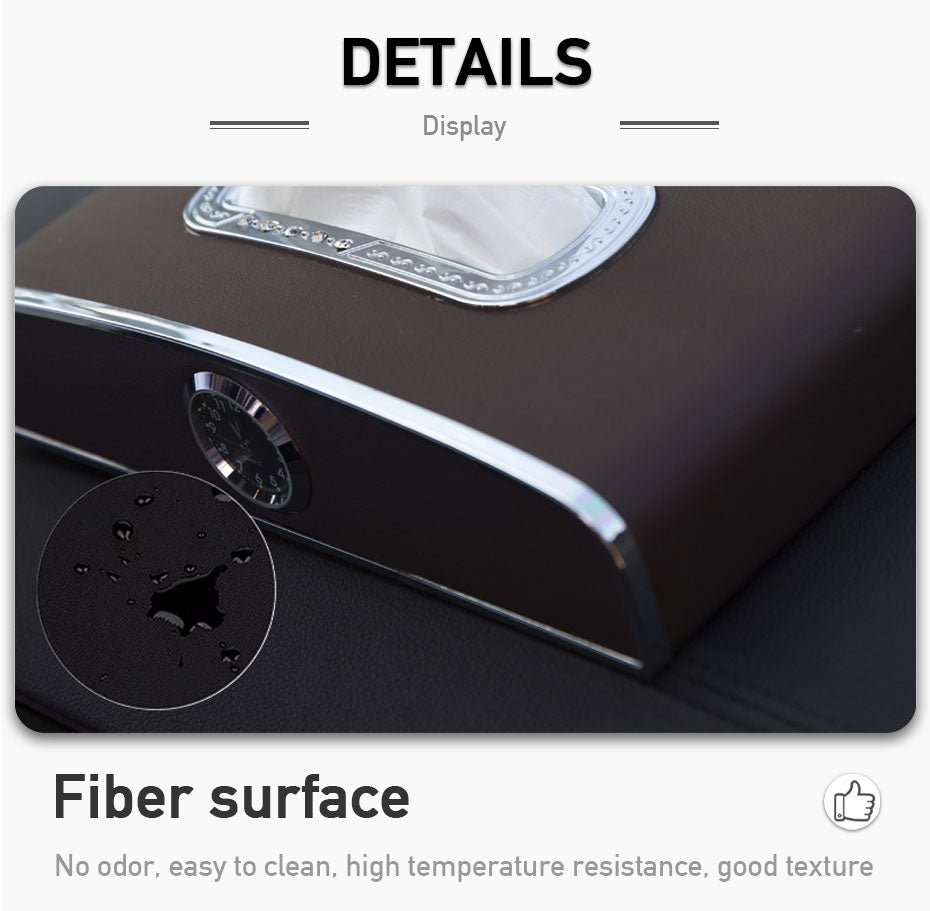 Multi-function Car Tissue Box With Clock Dispenser, Dashboard Napkin Holder, Parking Number Plate, Armrest Auto Tissue Holder Box - Delicate Leather