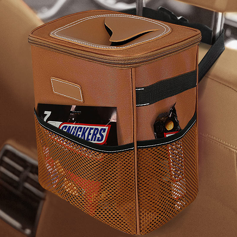 Car Trash Bag with Storage Pockets - Waterproof Garbage Bag with Lid and Storage Pockets - Delicate Leather