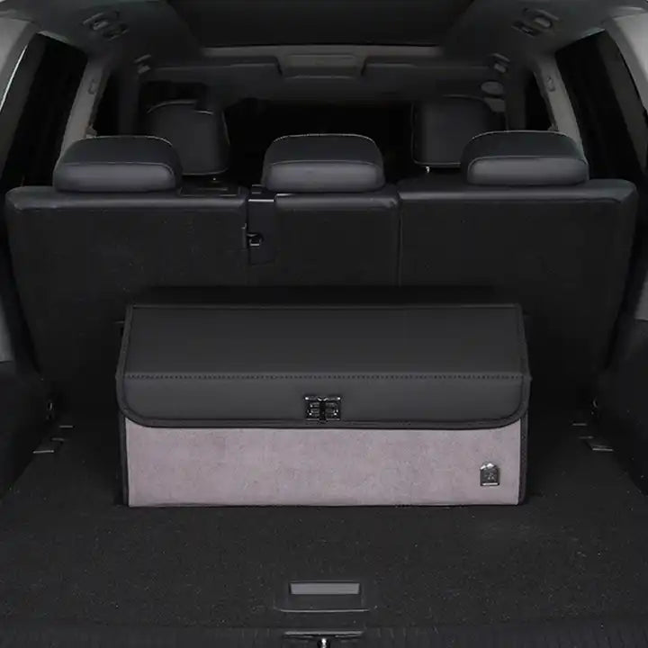Car Trunk Organizer with Foldable Cover, Cargo Organizer SUV Trunk Storage Waterproof Collapsible Durable Multi Compartments - Delicate Leather