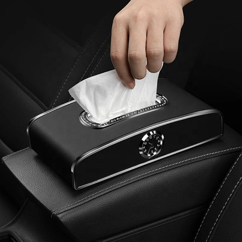 Multi-function Car Tissue Box With Clock Dispenser, Dashboard Napkin Holder, Parking Number Plate, Armrest Auto Tissue Holder Box - Delicate Leather