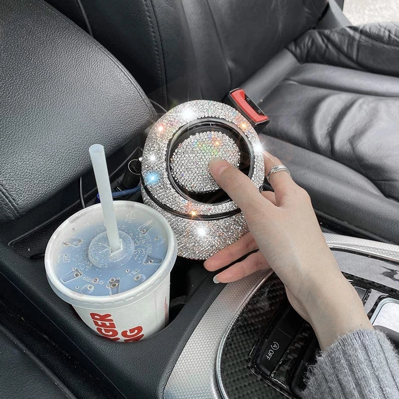 Bling Diamond-Encrusted Auto Garbage Can Car Trash Can with Lid - Delicate Leather