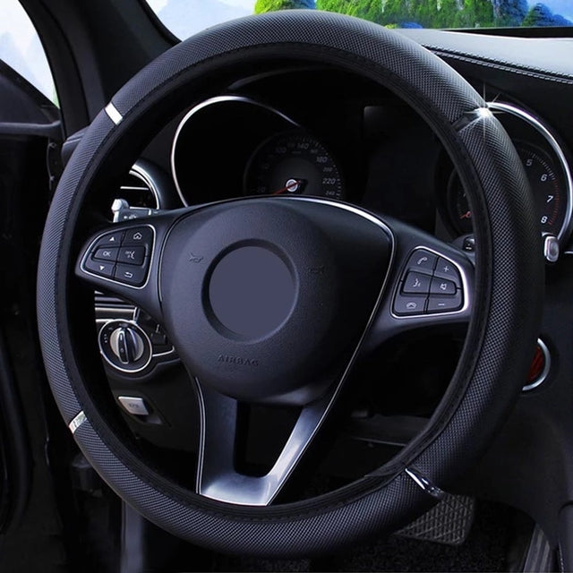 Universal Car Steering Wheel Cover - Metal Strip Anti-Slip Pattern Faux Leather - Delicate Leather