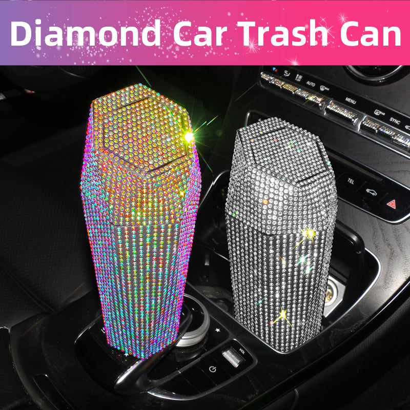 New Bling Diamond-Shaped Car Trash Can with Lid - Mini Garbage Storage Box - Delicate Leather