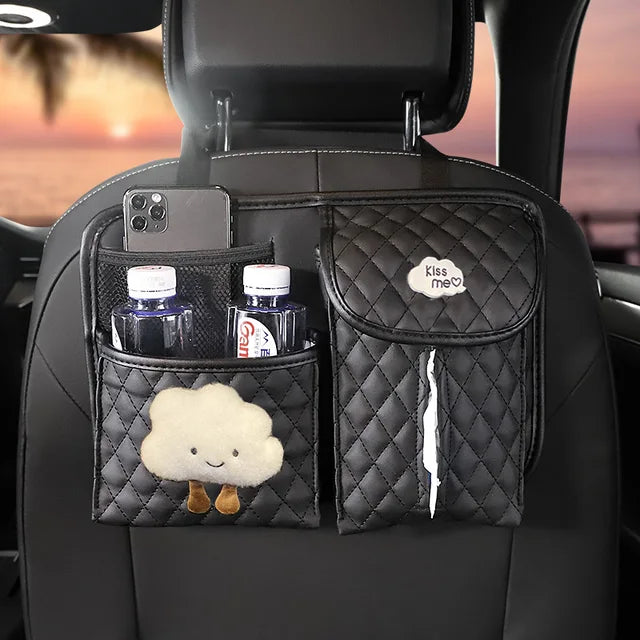 Cute Cartoon Car Paper Tissue Holder - Diamond Crown Auto Backseat Organizer - Delicate Leather