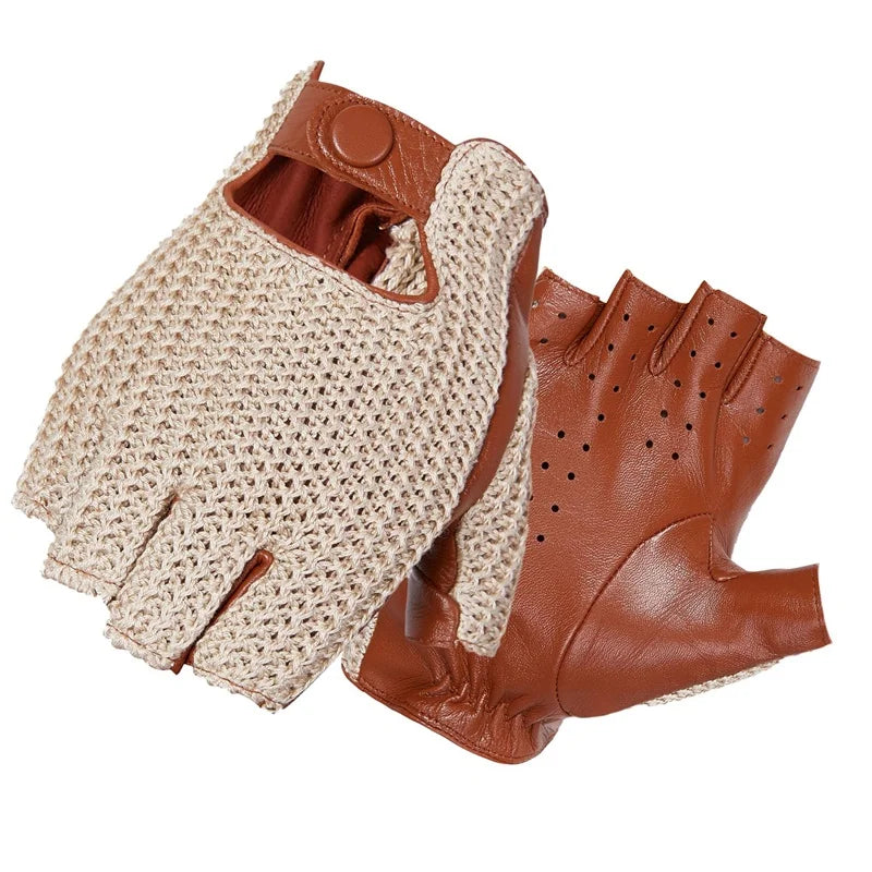 Autumn Winter Men's Wool Knitted Goatskin Touch Screen Locomotive Mittens - Genuine Leather Motorcycle Driving - Delicate Leather