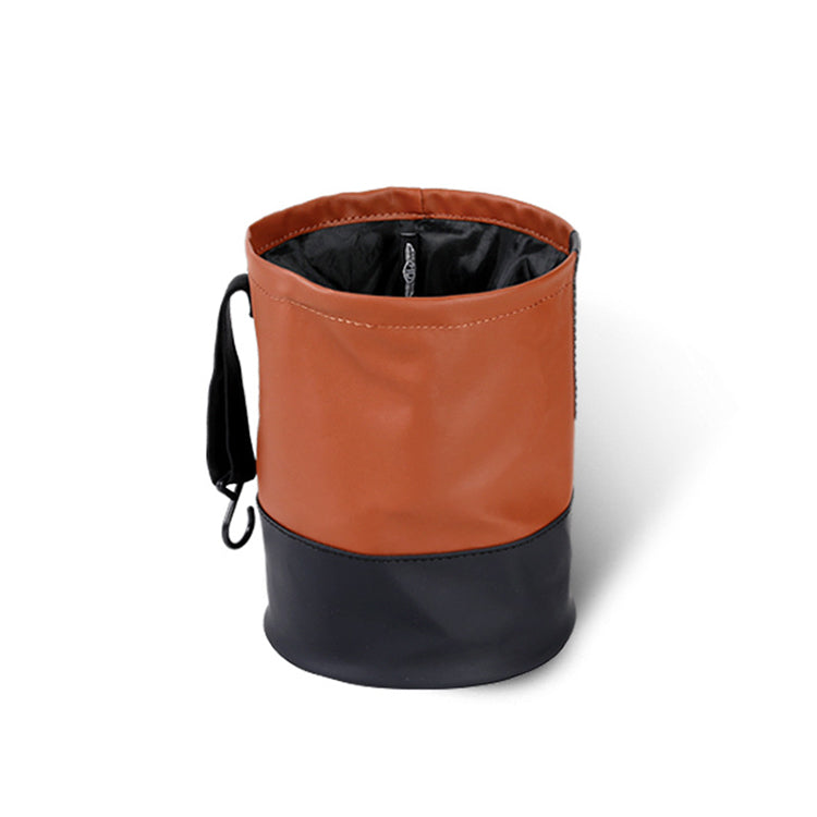 Waterproof Foldable Leather Car Trash Can - Round Hanging Car Garbage Can - Delicate Leather