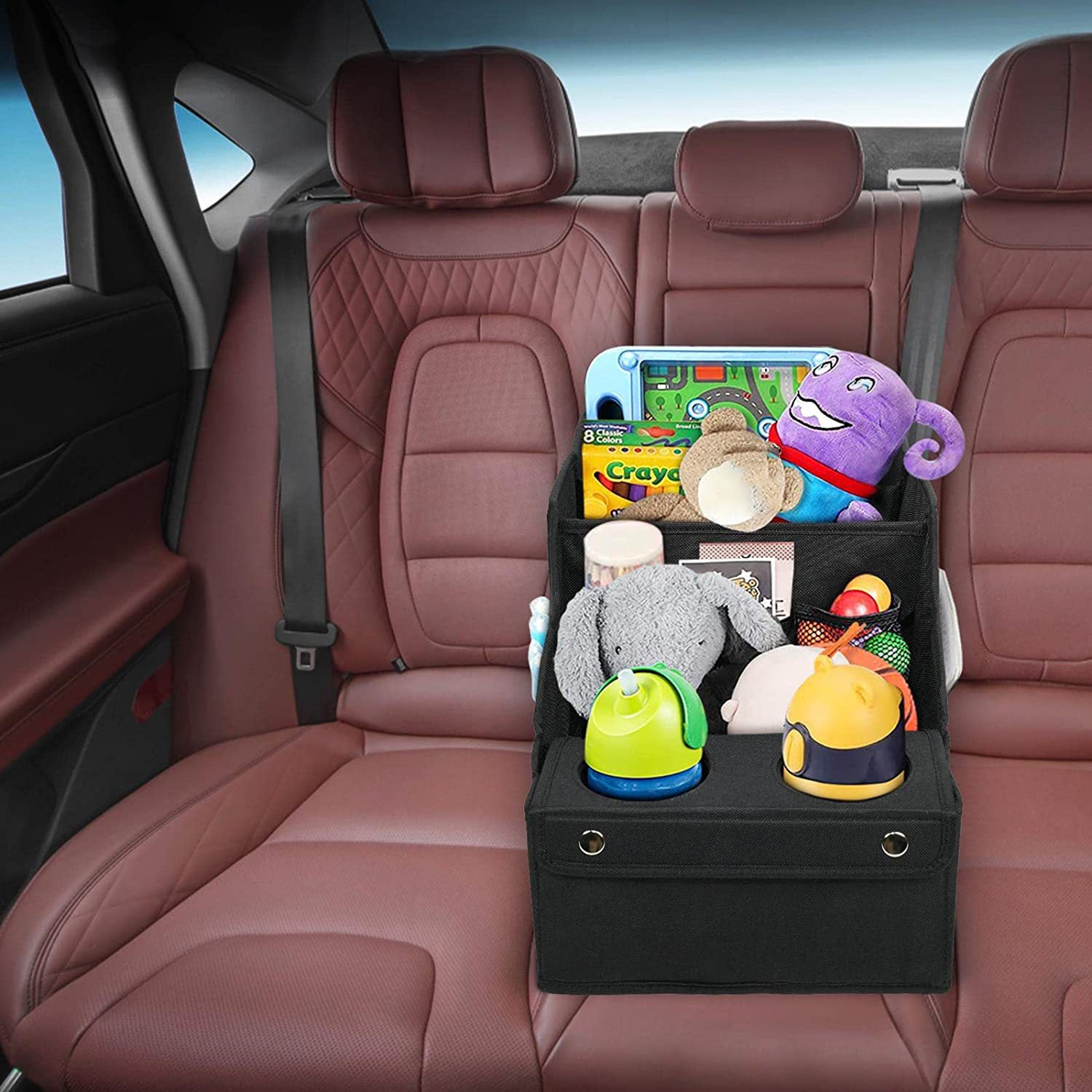 Backseat Car Seat Organizer with 11 Compartments, 2 Cup Holders, and 2 Oversized Side Pockets for Travel and Storage