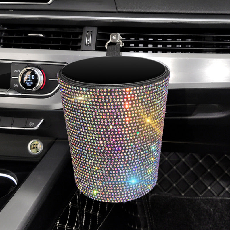 Rhinestone Car Trash Bin - Mini Auto Outlet Air Vent Organizer Rubbish Bag Crystal Garbage Container Storage Box, Car Accessories - Delicate Leather