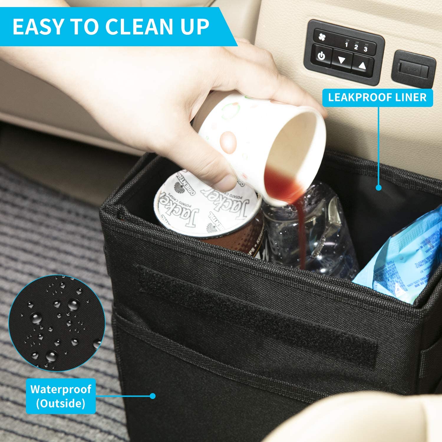 Custom Leakproof Collapsible Hanging Car Seat Garbage Organizer Can - Car Trash Bin with Lid - Delicate Leather