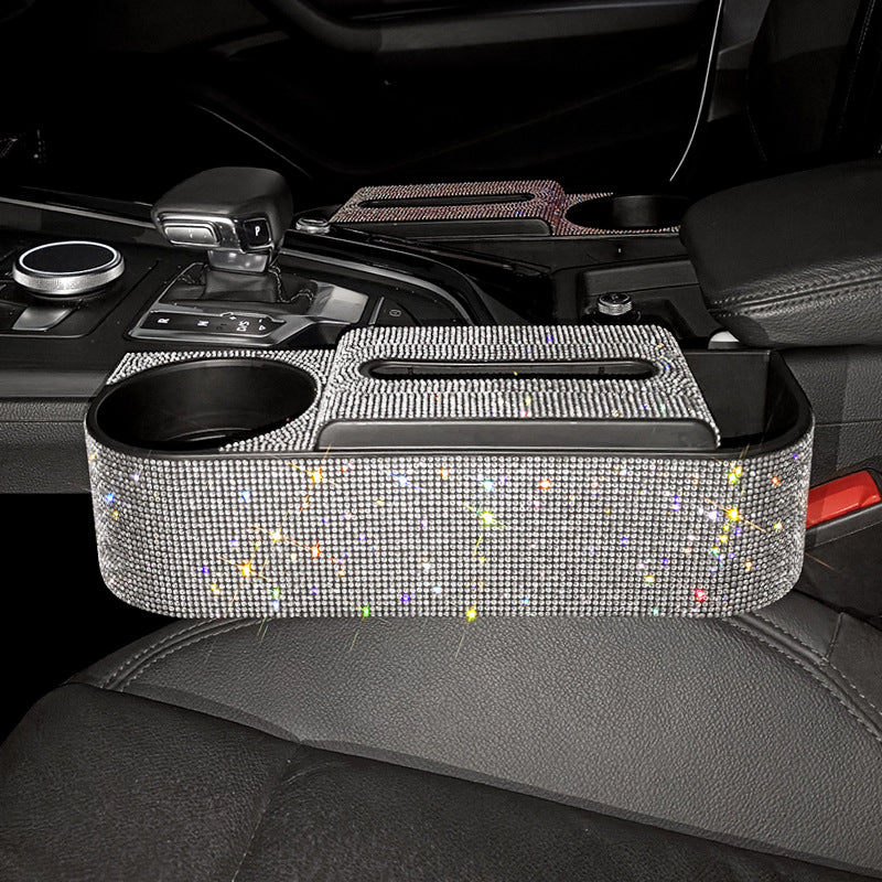 New Bling Rhinestones Car Seat Organizer with Leak-proof Cup Holder, Coin and Key Storage, Tissue Box, Auto Accessories Storage Box
